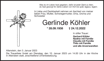 Traueranzeige von Gerlinde Köhler von Neue Presse Coburg