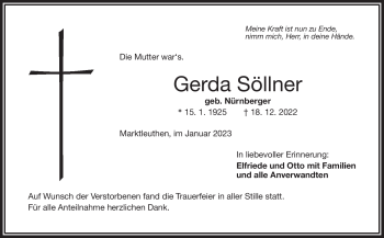 Traueranzeige von Gerda Söllner von Frankenpost