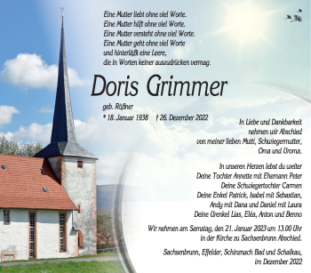 Traueranzeige von Doris Grimmer von Südthüringer Presse