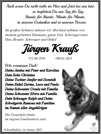 Traueranzeige von Jürgen Krauß von Südthüringer Presse