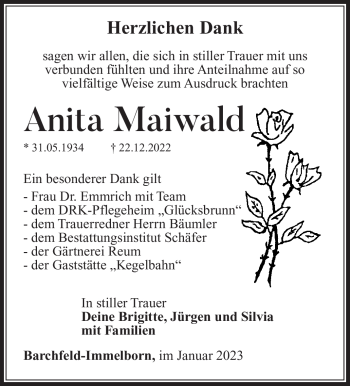 Traueranzeige von Anita Mailwald von Südthüringer Presse