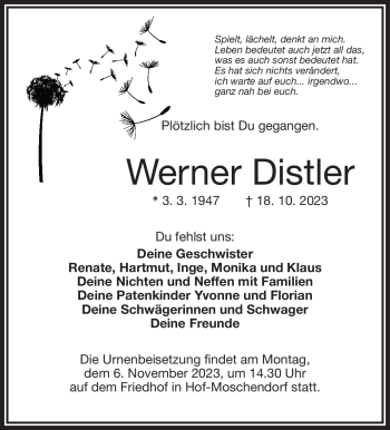 Traueranzeige von Werner Distler von Frankenpost