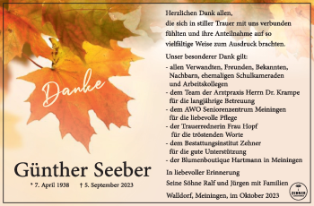 Traueranzeige von Günther Seeber von Südthüringer Presse