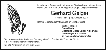Traueranzeige von Gerhard Geiger von Frankenpost