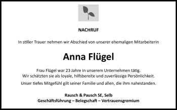 Traueranzeige von Anna Flügel von Frankenpost