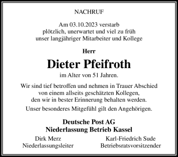 Traueranzeige von Dieter Pfeifroth von Südthüringer Presse