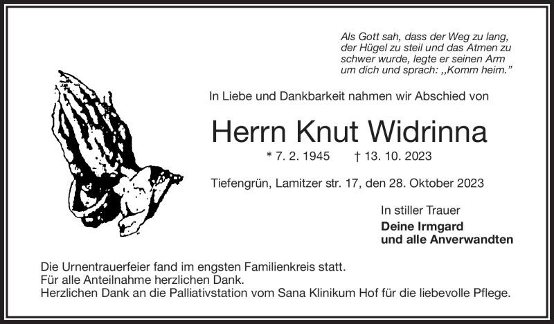  Traueranzeige für Knut Widrinna vom 28.10.2023 aus Frankenpost