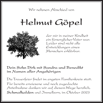 Traueranzeige von Helmut Göpel von Südthüringer Presse