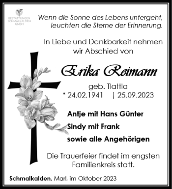 Traueranzeige von Erika Reimann von Südthüringer Presse