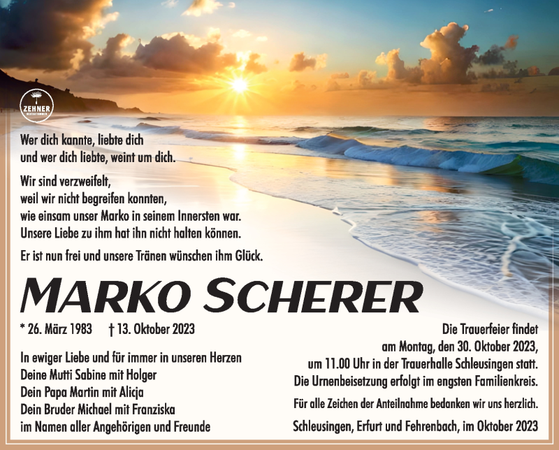  Traueranzeige für Marko Scherer vom 21.10.2023 aus Südthüringer Presse
