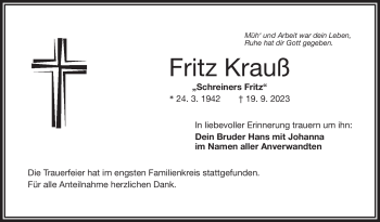 Traueranzeige von Fritz Krauß von Frankenpost