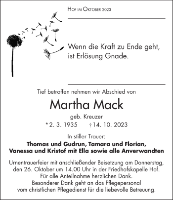 Traueranzeige von Martha Mack von Frankenpost