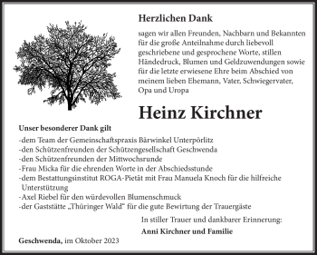 Traueranzeige von Heinz Kirchner von Südthüringer Presse