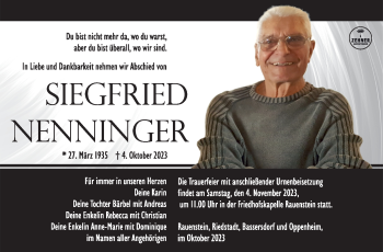 Traueranzeige von Siegfried Nenninger von Südthüringer Presse