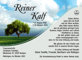 Traueranzeige von Reiner Kalf von Südthüringer Presse