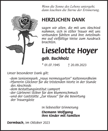 Traueranzeige von Lieselotte Hoyer von Südthüringer Presse