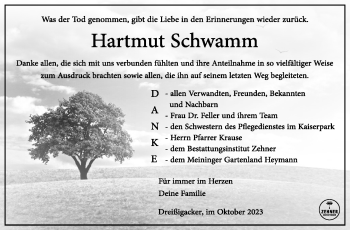 Traueranzeige von Hartmut Schwann von Südthüringer Presse