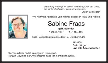 Traueranzeige von Sabine Fraas von Frankenpost