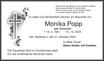 Traueranzeige von Monika Popp von Frankenpost