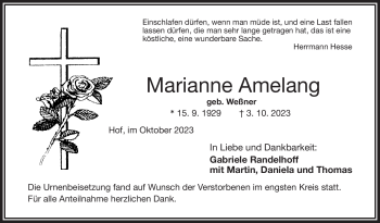 Traueranzeige von Marianne Amelang von Frankenpost