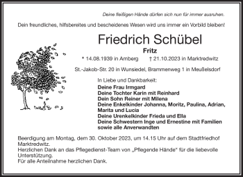 Traueranzeige von Friedrich Schübel von Frankenpost