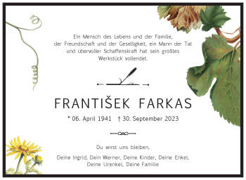 Traueranzeige von Frantisek Farkas von Frankenpost