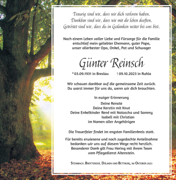Traueranzeige von Günter Reinsch von Südthüringer Presse