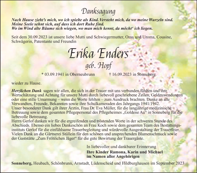  Traueranzeige für Erika Enders vom 07.10.2023 aus Südthüringer Presse