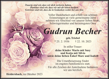 Traueranzeige von Gudrun Becher von Südthüringer Presse