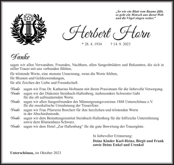 Traueranzeige von Herbert Horn von Südthüringer Presse