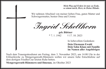 Traueranzeige von Ingrid Schellhorn von Südthüringer Presse