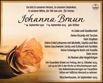 Traueranzeige von Johanna Braun von Südthüringer Presse
