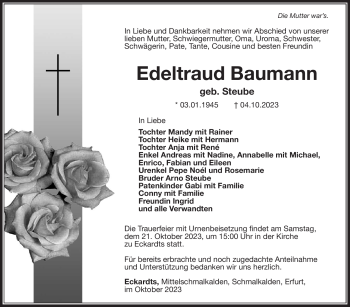 Traueranzeige von Edeltraud Baumann von Südthüringer Presse