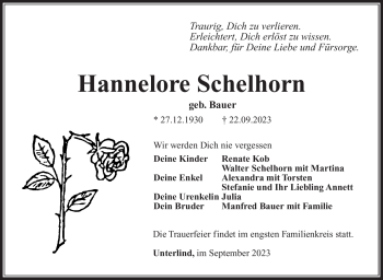 Traueranzeige von Hannelore Schelhorn von Südthüringer Presse