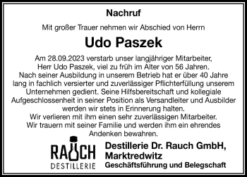 Traueranzeige von Udo Paszek von Frankenpost