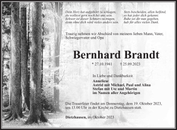 Traueranzeige von Bernhard Brandt von Südthüringer Presse