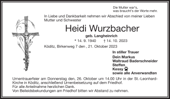 Traueranzeige von Heidi Wurzbacher von Frankenpost