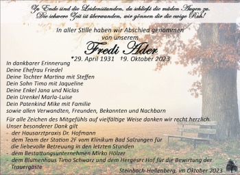 Traueranzeige von Fredi Ader von Südthüringer Presse
