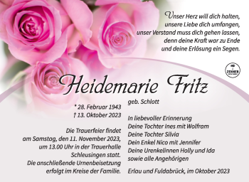 Traueranzeige von Heidemarie Fritz von Südthüringer Presse