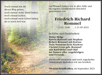 Traueranzeige von Friedrich Richard Rommel von Südthüringer Presse