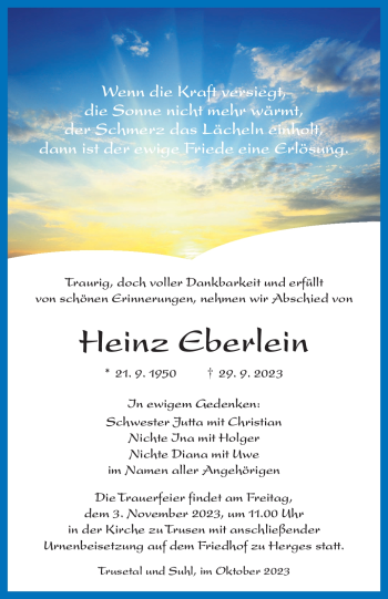 Traueranzeige von Heinz Eberlein von Südthüringer Presse