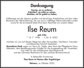 Traueranzeige von Ilse Reum von Südthüringer Presse