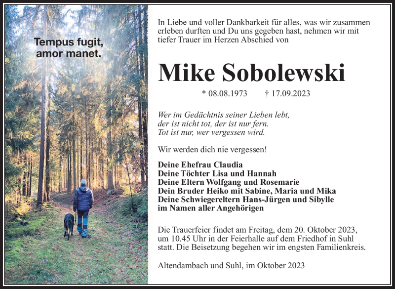  Traueranzeige für Mike Sobolewski vom 07.10.2023 aus Südthüringer Presse