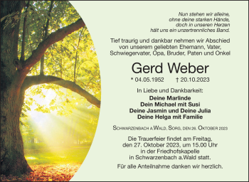 Traueranzeige von Gerd Weber von Frankenpost