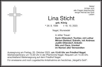 Traueranzeige von Lina Sticht von Frankenpost
