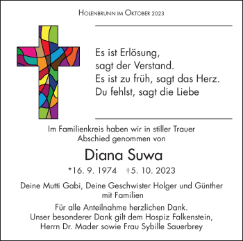 Traueranzeige von Diana Suwa von Frankenpost