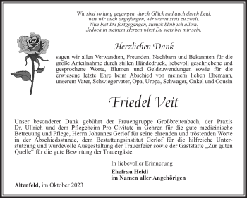 Traueranzeige von Friedel Veit von Südthüringer Presse
