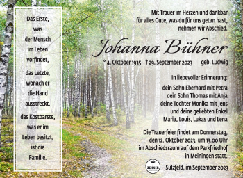 Traueranzeige von Johanna Bühner von Südthüringer Presse