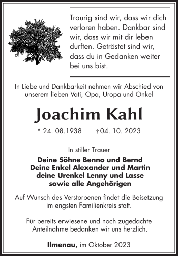 Traueranzeige von Joachim Kahl von Südthüringer Presse