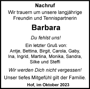 Traueranzeige von Barbara Wollner von Frankenpost